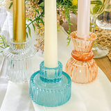 Vintage Blue Ribbed Glass Candle Holders Set of 6