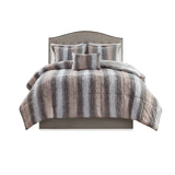 Long Faux Fur 4-Piece Comforter Set, Blush/Grey Stripe