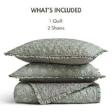 3pc Ruffle Printed Vermicelli Stitched Quilt Set, Sage Green