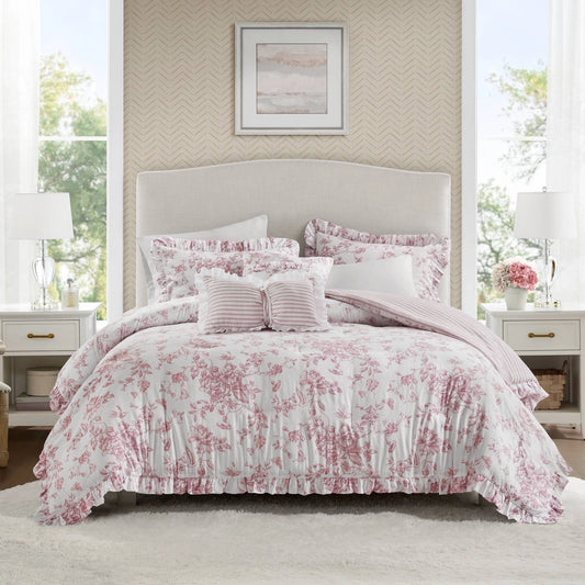 Vintage Comforter Set with Decorative Pillows, Pink