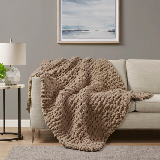 Handmade Chenille Chunky Knit Throw 50x60", Brown