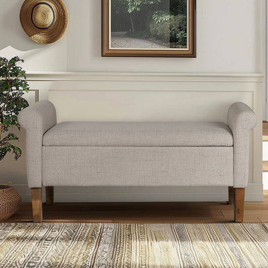 Transitional Cream Upholstered Rolled Armrest Storage Bench
