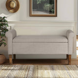 Transitional Cream Upholstered Rolled Armrest Storage Bench