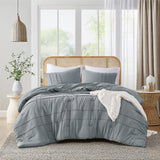 Grid Textured Soft Washed Pleated Comforter Set, Blue/Grey