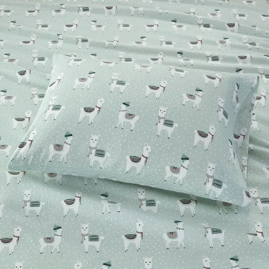 Wholesale Flannel Cotton Kids Print Sheet Set, Green Llamas