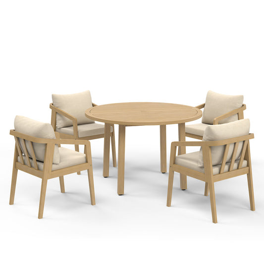 4-Person All Weather Acacia Wood Outdoor Dining Set with Water-Resistant Cushions and Umbrella Hole