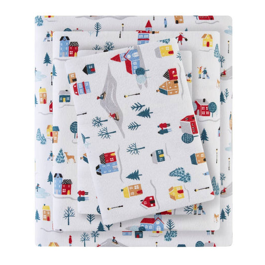 Warm Cozy Printed Kid's Sheet Set, White Village