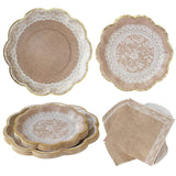 Burlap and Lace Tableware Set 62 Pieces