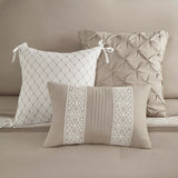 7 Piece Lace Trim Pintucked Farmhouse Comforter Set, Taupe