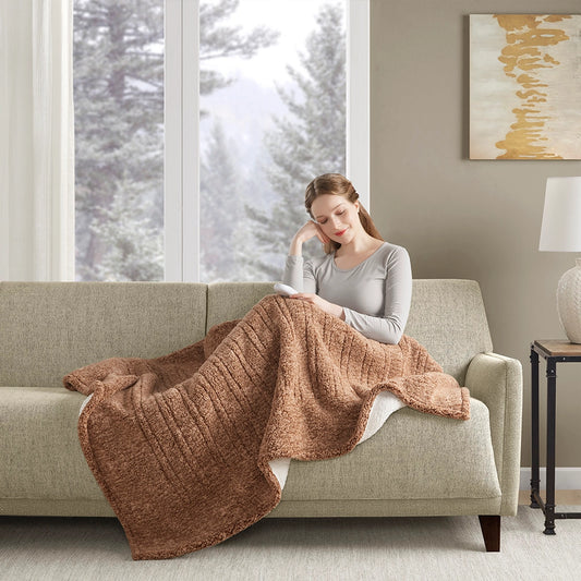 Marbled Sherpa Heated Throw, Brown