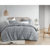 Grid Textured Soft Washed Pleated Comforter Set, Blue/Grey