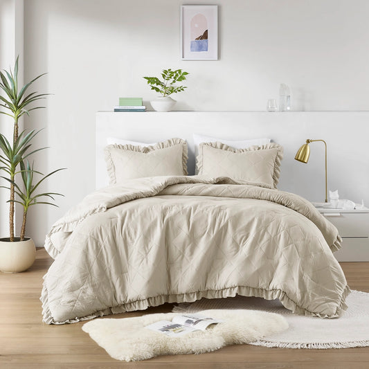 Diamond Quilted Ruffle Edge Comforter Set, Neutral