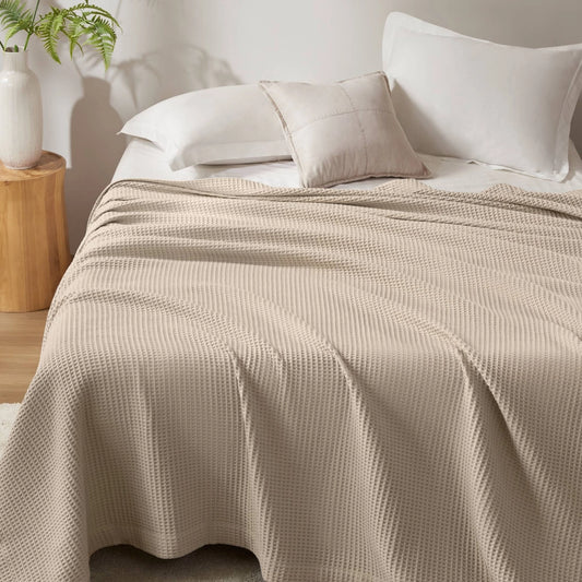 Waffle Weave Cotton Bedding Blanket, Khaki