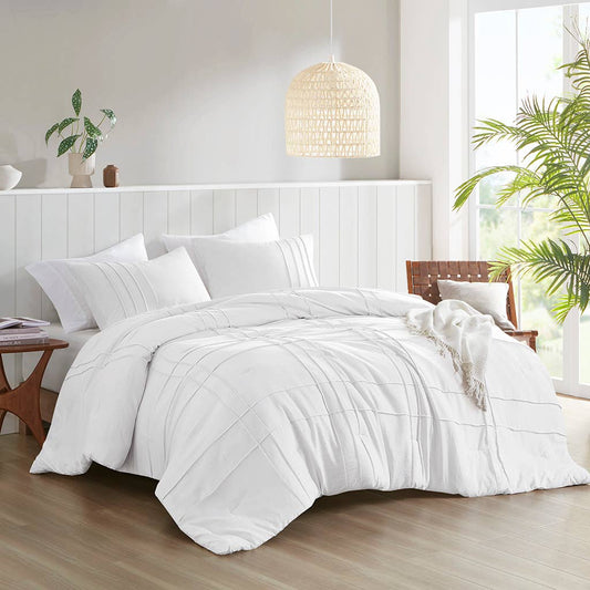 Grid Textured Soft Washed Pleated Comforter Set, White