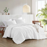 Grid Textured Soft Washed Pleated Comforter Set, White