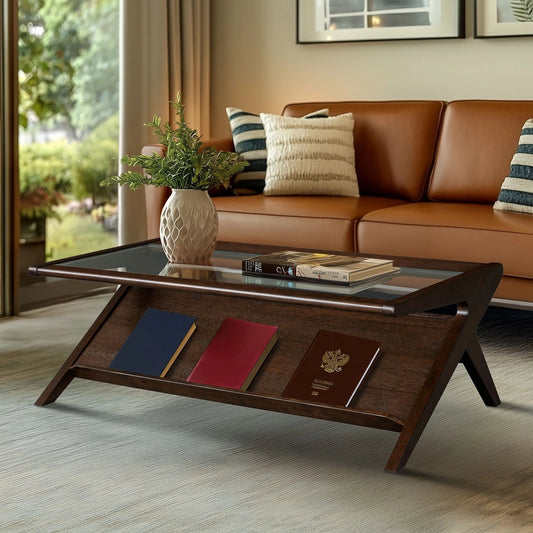 Mid-Century Tempered Glass Top Morocco Brown Coffee Table