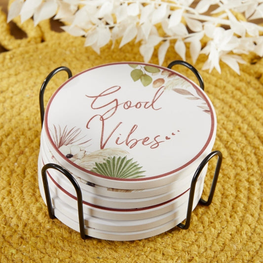 Boho Ceramic Coaster Set of 6 with Holder