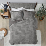 3-Piece Faux Faur Checkbord Comforter Set, Grey