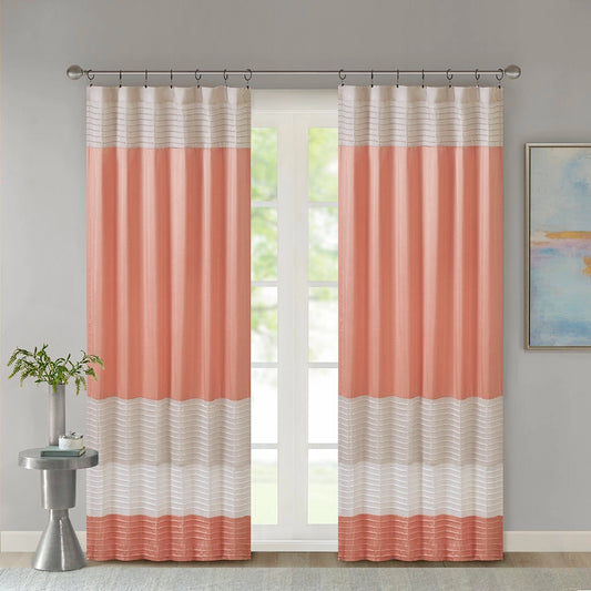 Faux Silk Color Block Window Pintuck Curtain, Coral