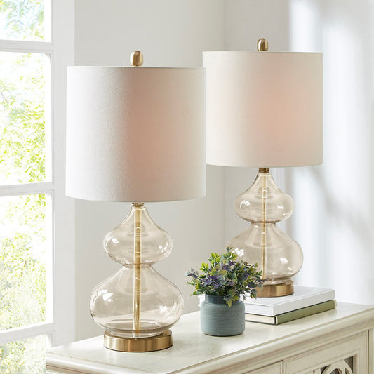 [Set of 2] Clear Glass Base Table Lamps, Gold Glass