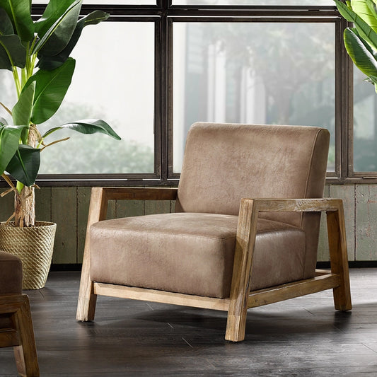 Mid Century Modern Wood Pu Leather Living Room Accent Chair*