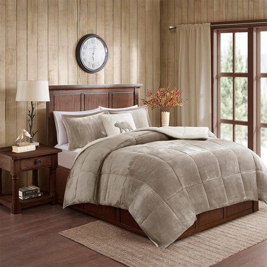 Plush To Sherpa Winter Comforter Set, Taupe