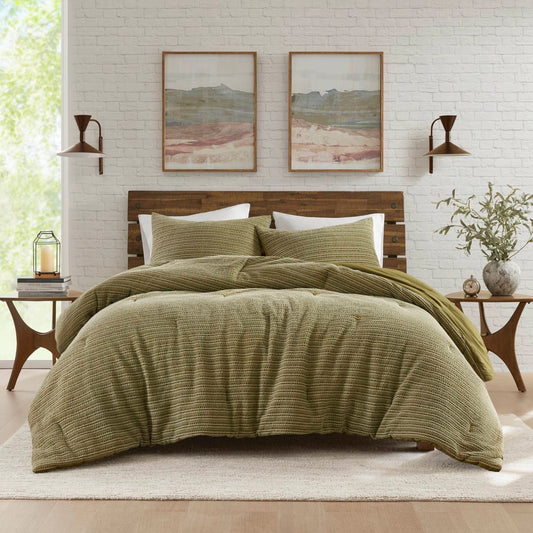 3 Piece Vintage Waffle Washed Comforter Set, Green