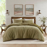 3 Piece Vintage Waffle Washed Comforter Set, Green