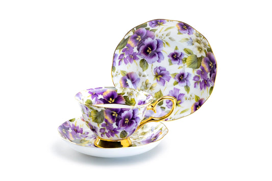 Purple Pansy Gold Bone China Tea Cup & Saucer