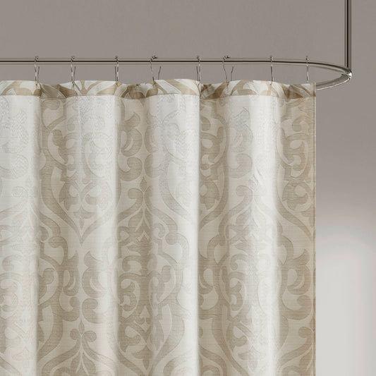 Ivory Damask Medallion Jacquard Shower Curtain, Tan