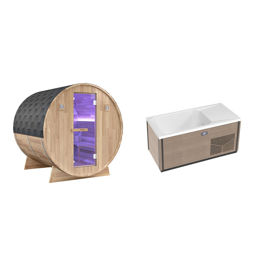 4-6 Person Electric Rock Heater Outdoor White Cedar Sauna with 1-Person Chestnut Cold Plunge with 1-Hp Built-in Chiller