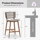 PURPLE LEAF Patio Counter Height Bar Stools Set of 2 Metal Bar Chairs with Back Wicker Woven Stools for Kitchen Island Pool Garden Outdoor Barstools