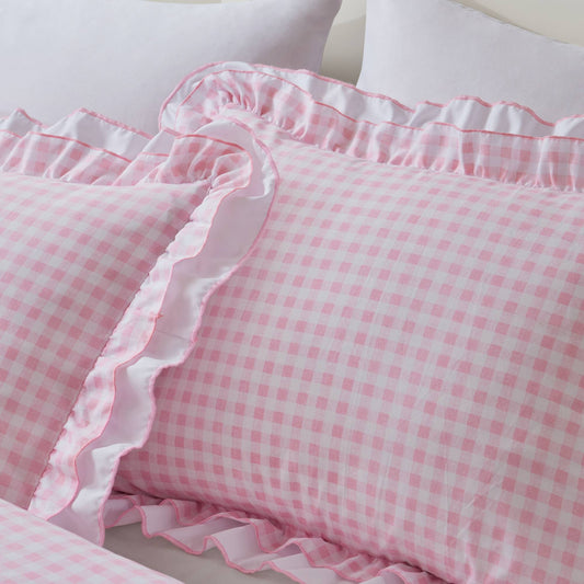 Soft Ruffled Gingham Comforter Set, Pink