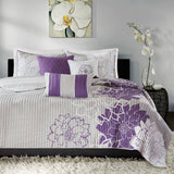 6-Piece Taupe Grey/Purple Floral Cotton Quilt Set