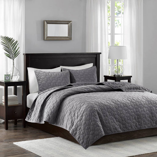 Velvet 3-Piece Quilt Set, Grey