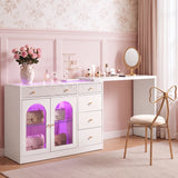 Rotatable L-Shaped Vanity Desk with Led Light, Double Arched