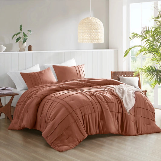 Grid Textured Soft Washed Pleated Comforter Set, Clay
