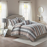 Long Faux Fur 4-Piece Comforter Set, Blush/Grey Stripe