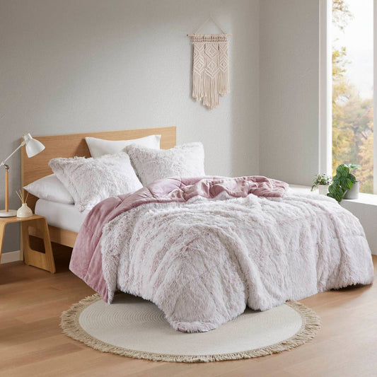 Wholesale Shaggy Faux Solid Fur Comforter Mini Set, Pink/White