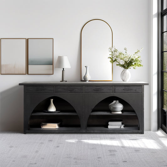 96" Modern Open Storage Buffet Table Cabinet, Black/Grey*