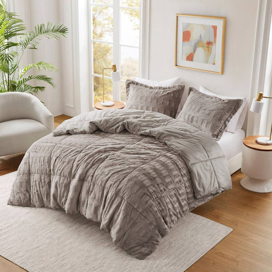 Solid Faux Fur Comforter Mini Set, Gray