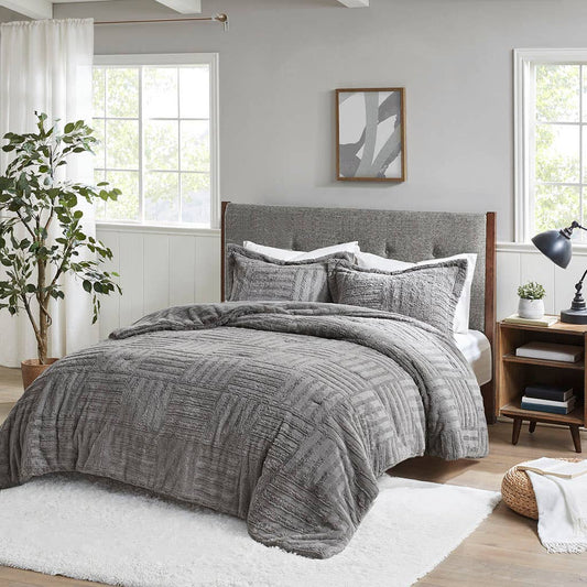 3-Piece Faux Faur Checkbord Comforter Set, Grey