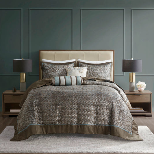 5 Piece Jacquard Bedspread Set and Throw Pillows, Blue/Brown