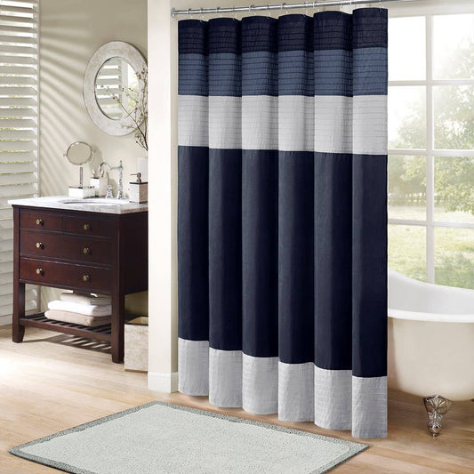 Color Block Silky Shower Curtain, Navy Blue