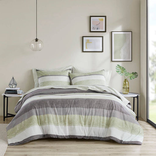 Stripe Modern Comforter Set with Bed Sheets, Green/Grey