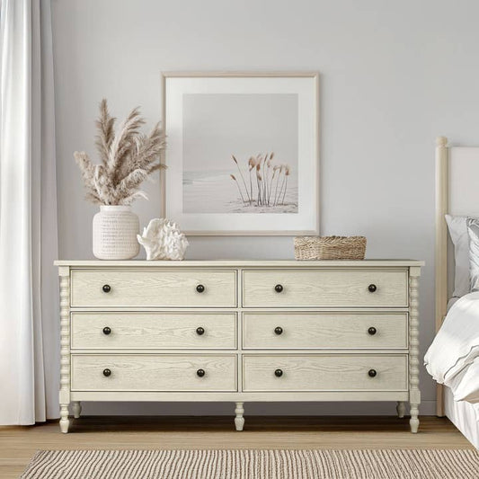 70"W 6-Drawer Large Spindle Wood Dresser, Antique Cream *