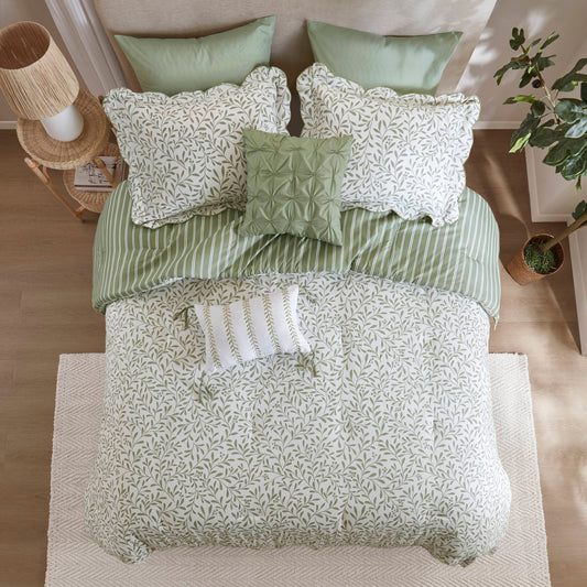 5 Piece Scalloped Edged Botanical Comforter Set, Sage Green