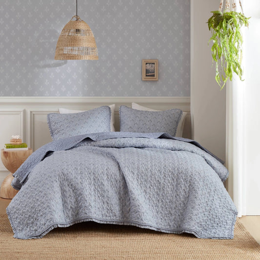 3pc Ruffle Printed Vermicelli Stitched Quilt Set, Blue