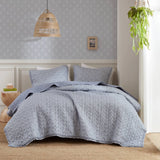 3pc Ruffle Printed Vermicelli Stitched Quilt Set, Blue