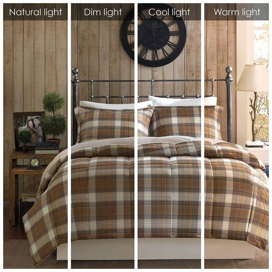 3pc Khaki Cabin Plaid Quilted Down Alternative Comforter Set